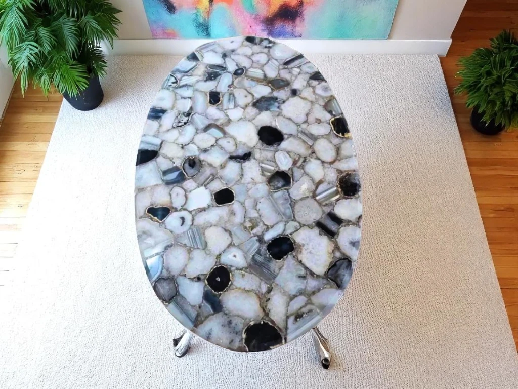 Luxury Oval Agate Dining Table – Natural White & Black Gemstone Finish